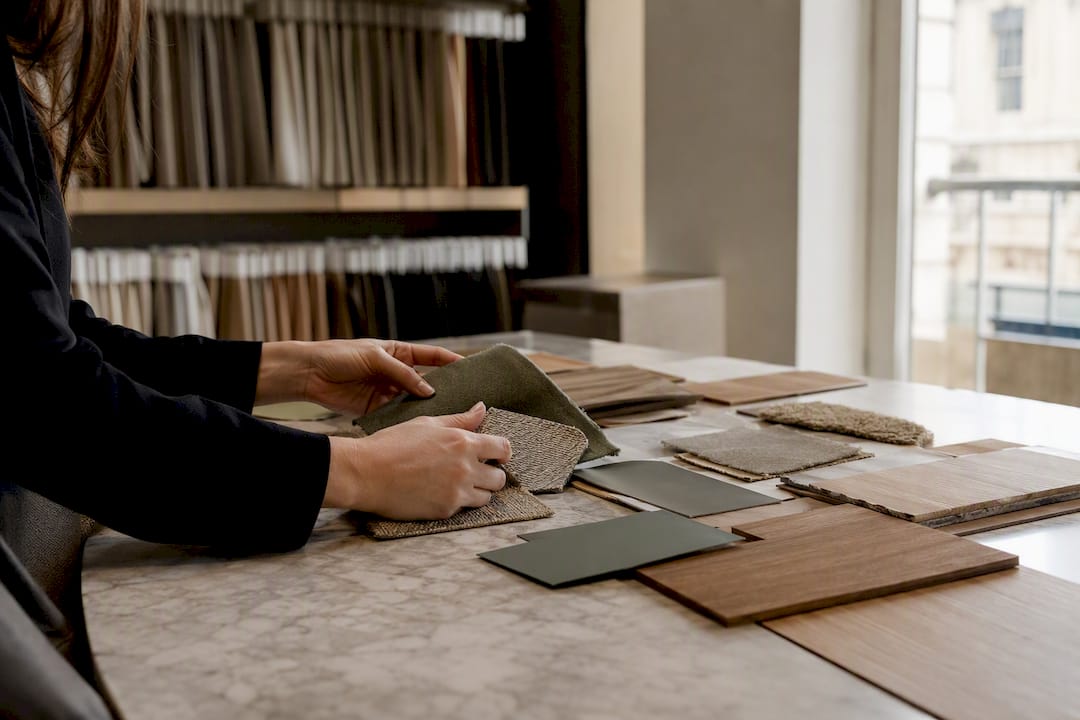 Hands selecting materials in a showroom library