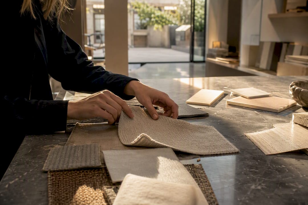 Designer hands choosing fabric and materials