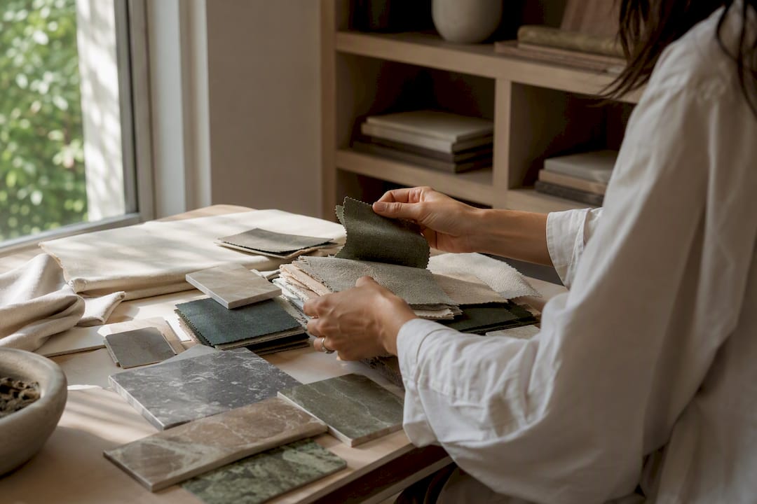 Hands labeling fabric and tile samples