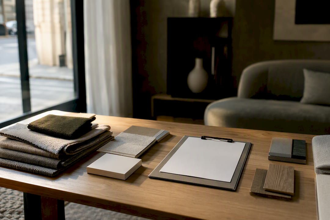 Contract and fabric swatches on showroom table