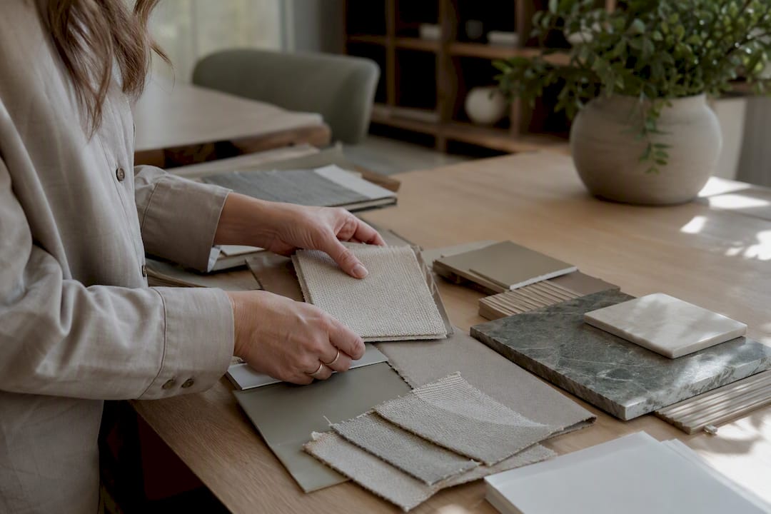 Hands arranging interior design material samples