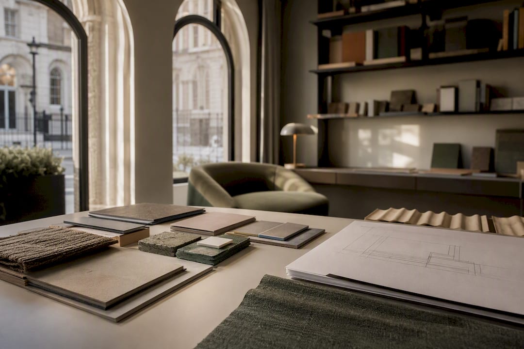 Material samples and sketches on design residency workspace table