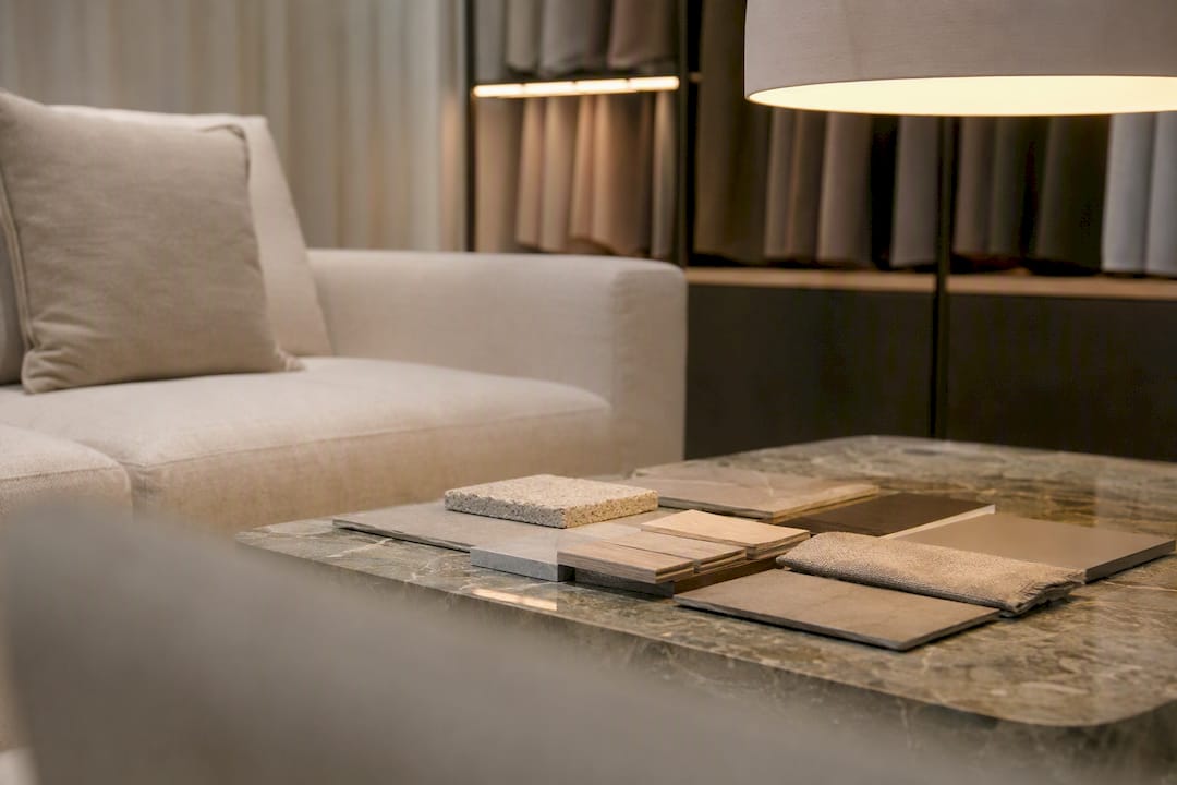Minimalist trade showroom client presentation area