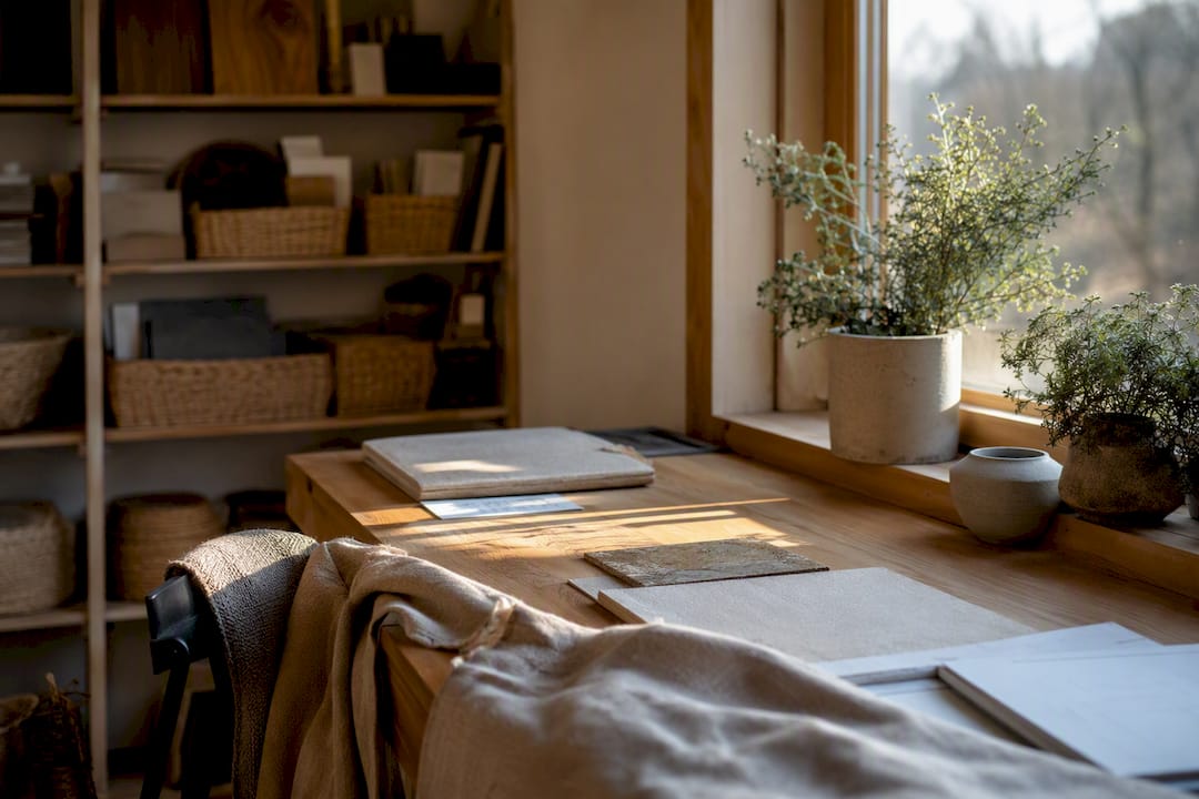 Cozy rural design residency studio corner with plants and desk
