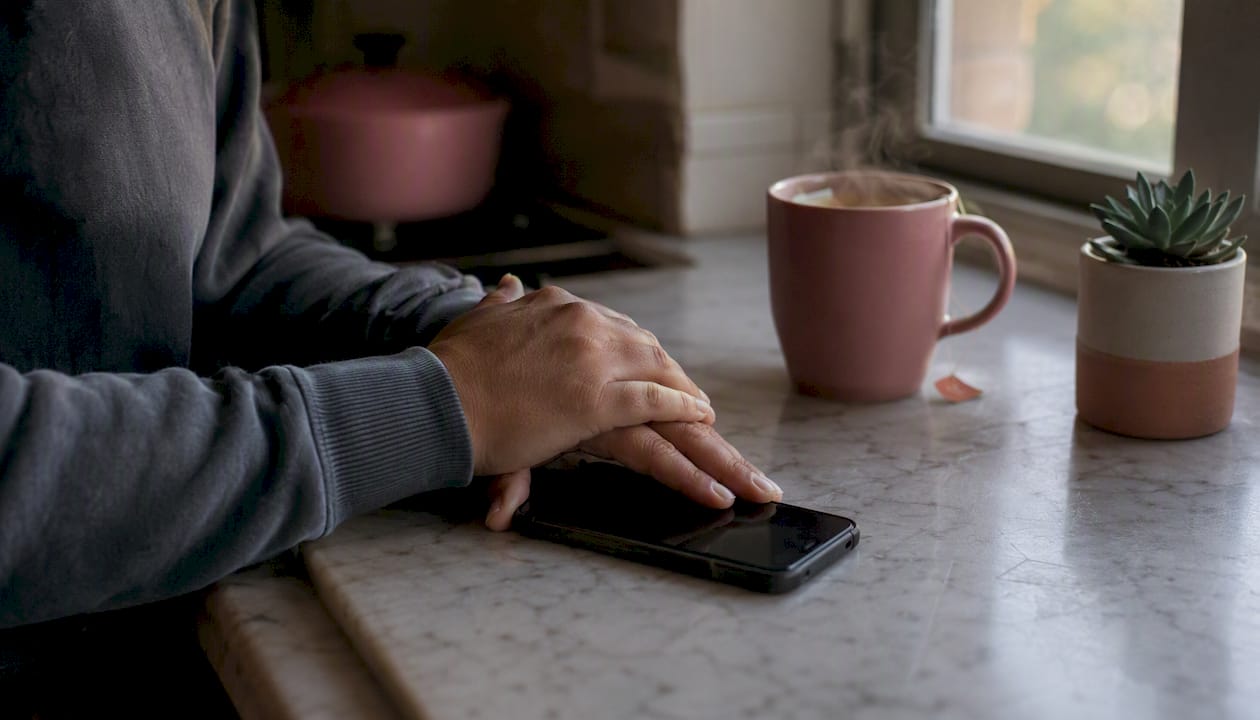 Hands holding phone face down on table