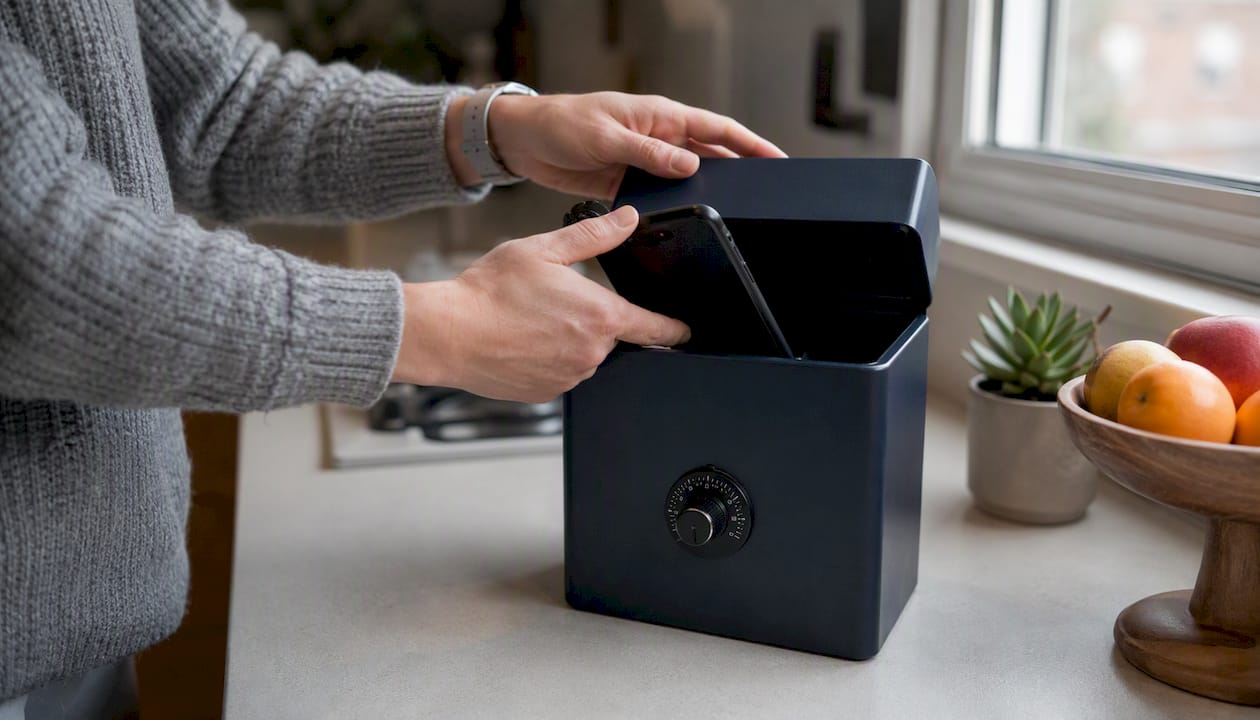 Hands putting phone in lockbox with timer
