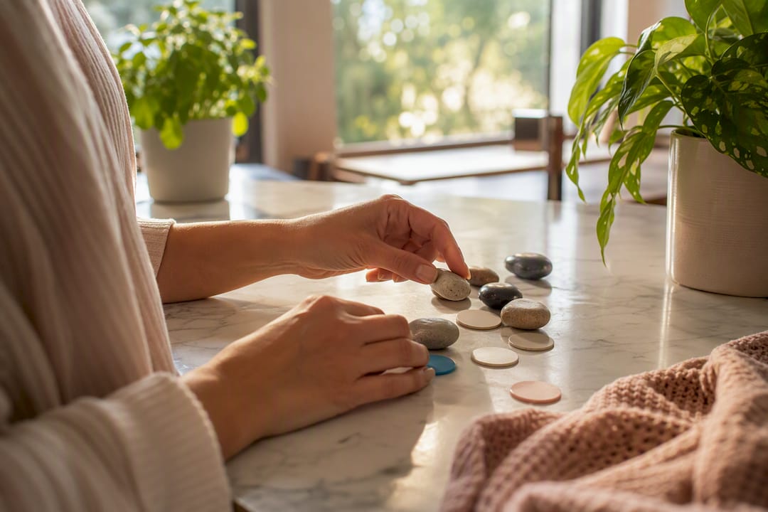 Hands picking up a small habit cue object