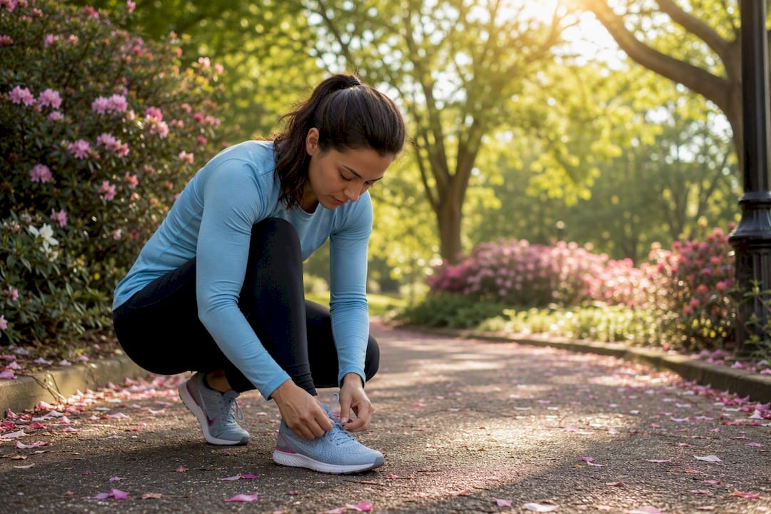 Hands tying running shoes before walk