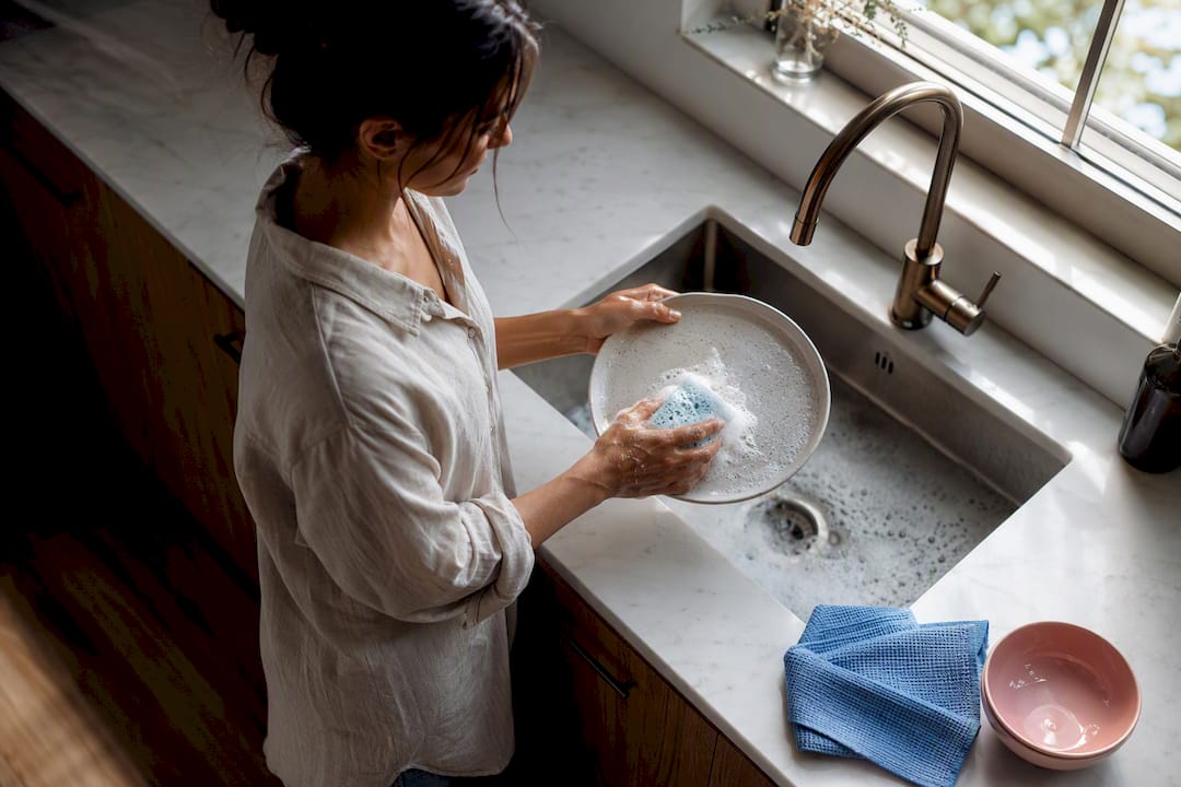 Adult practicing mindfulness while washing dishes
