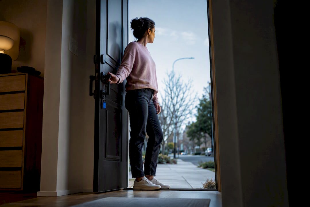 Adult pausing at apartment doorway