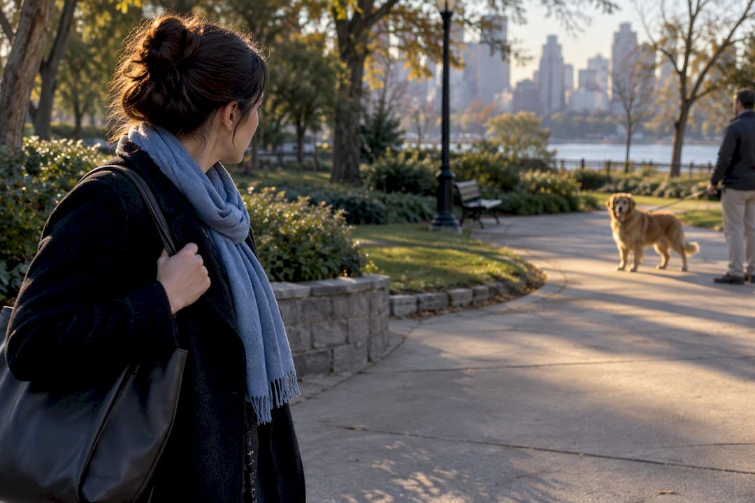 Adult pausing while viewing a distant dog