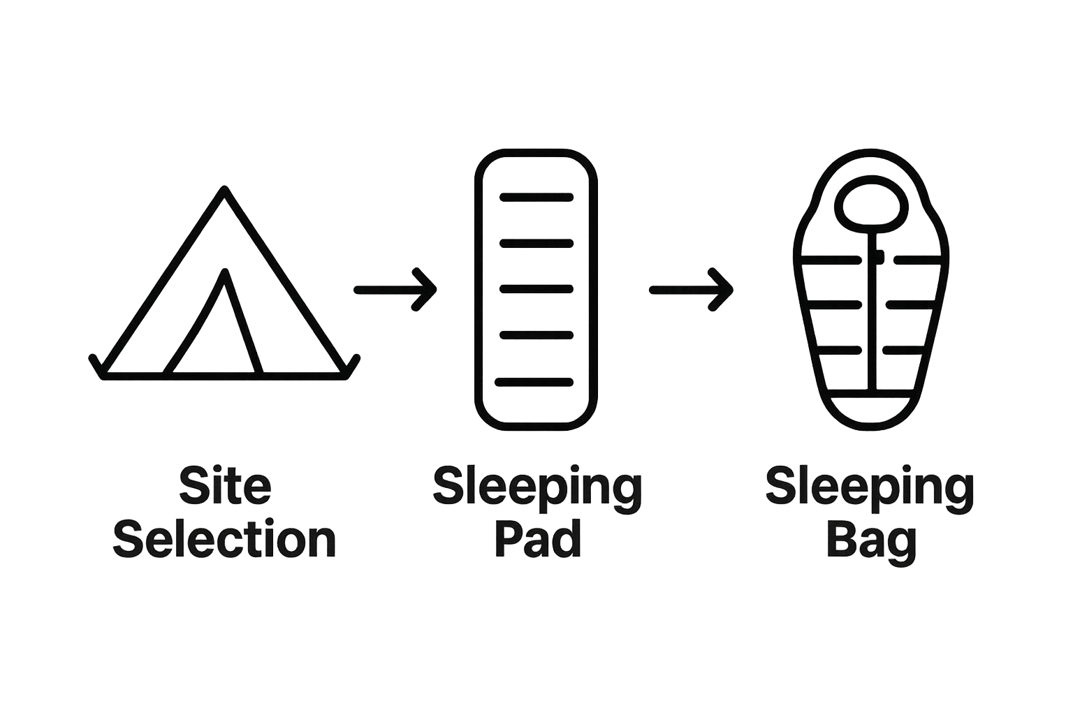 Infographic showing three-step sleeping setup: site selection, pad placement, sleeping bag layering.