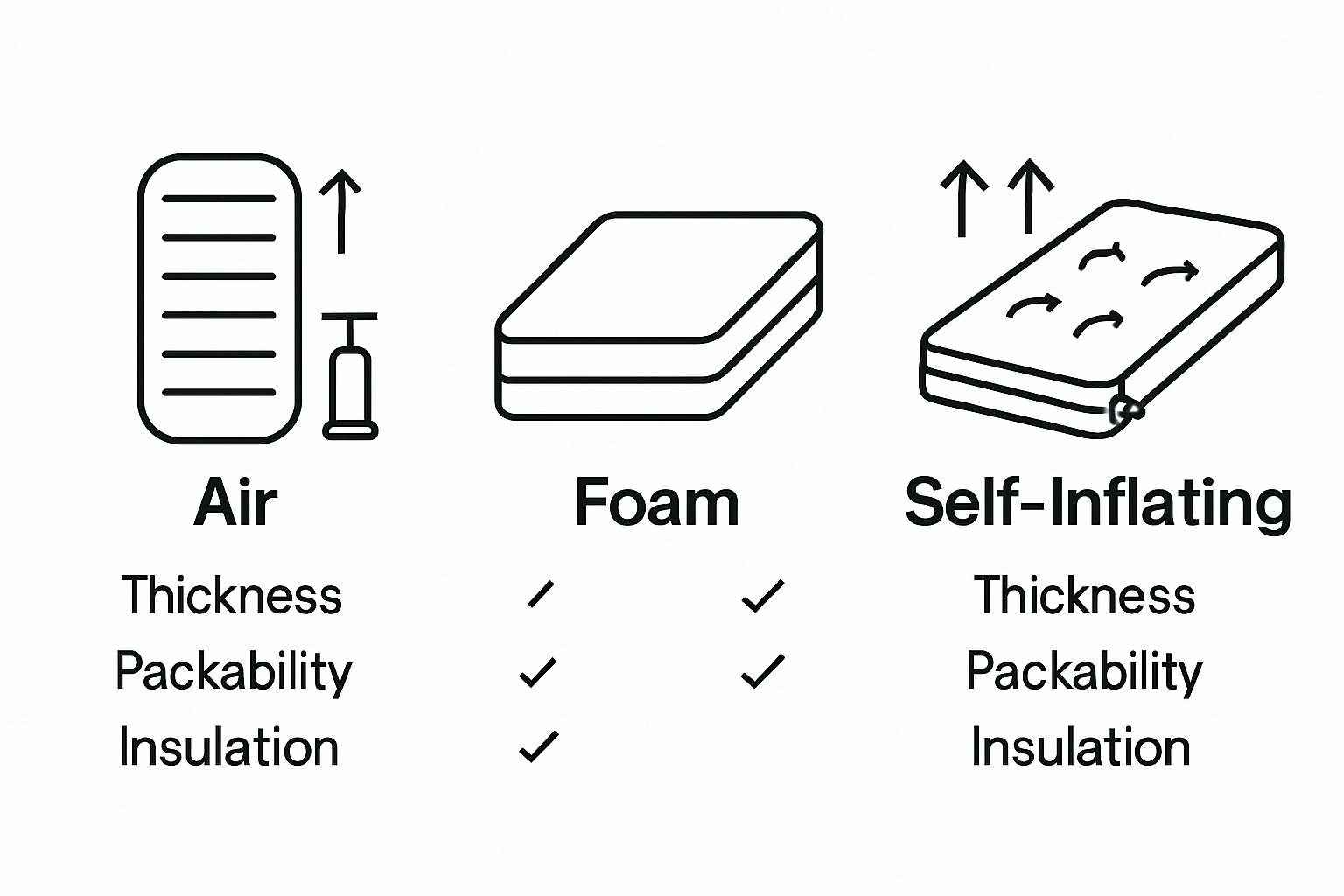 Three types of car camping mattresses illustrated for easy comparison: air, foam, self-inflating.