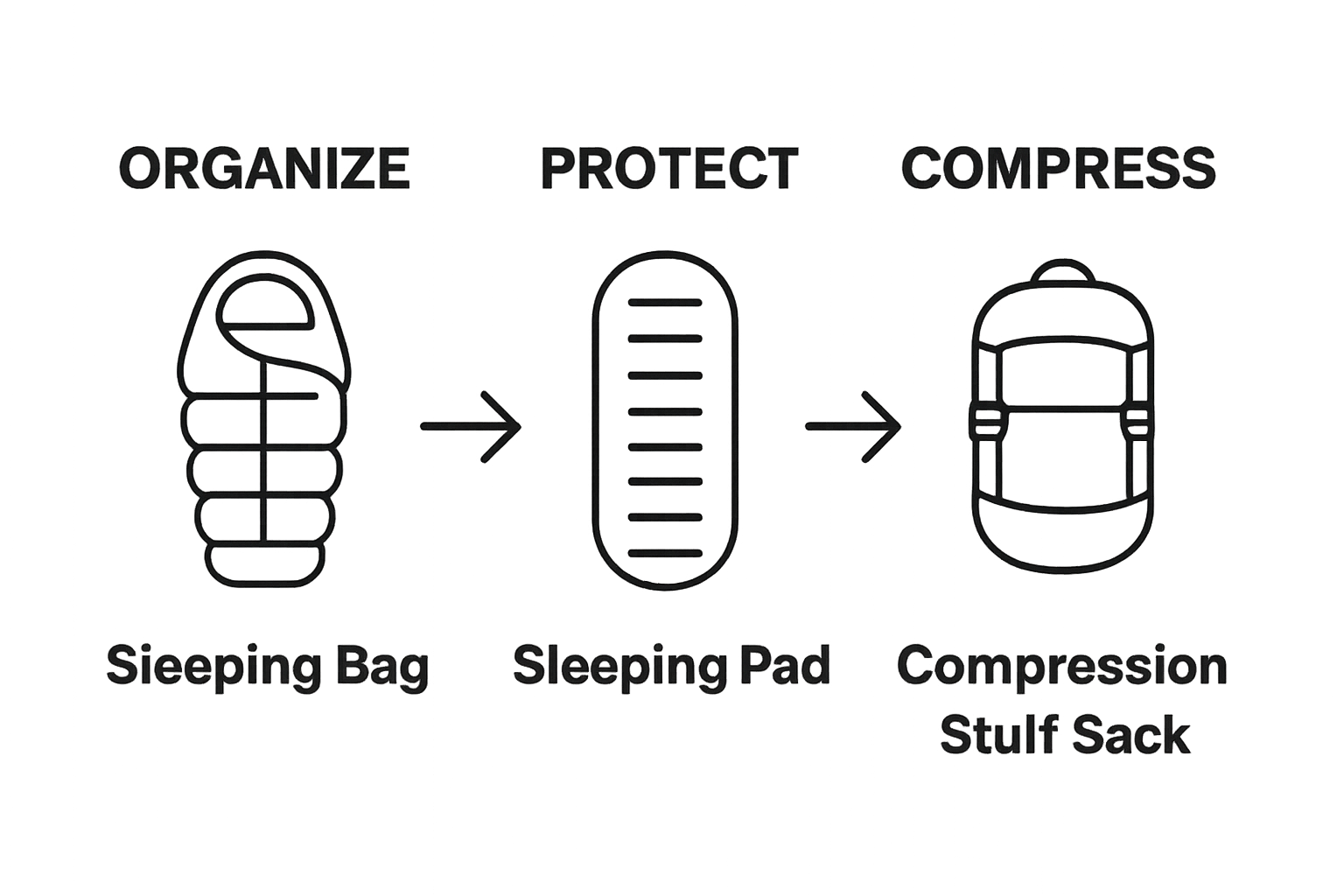 Infographic showing camp bedding packing sequence—sleeping bag, pad, into compression sack