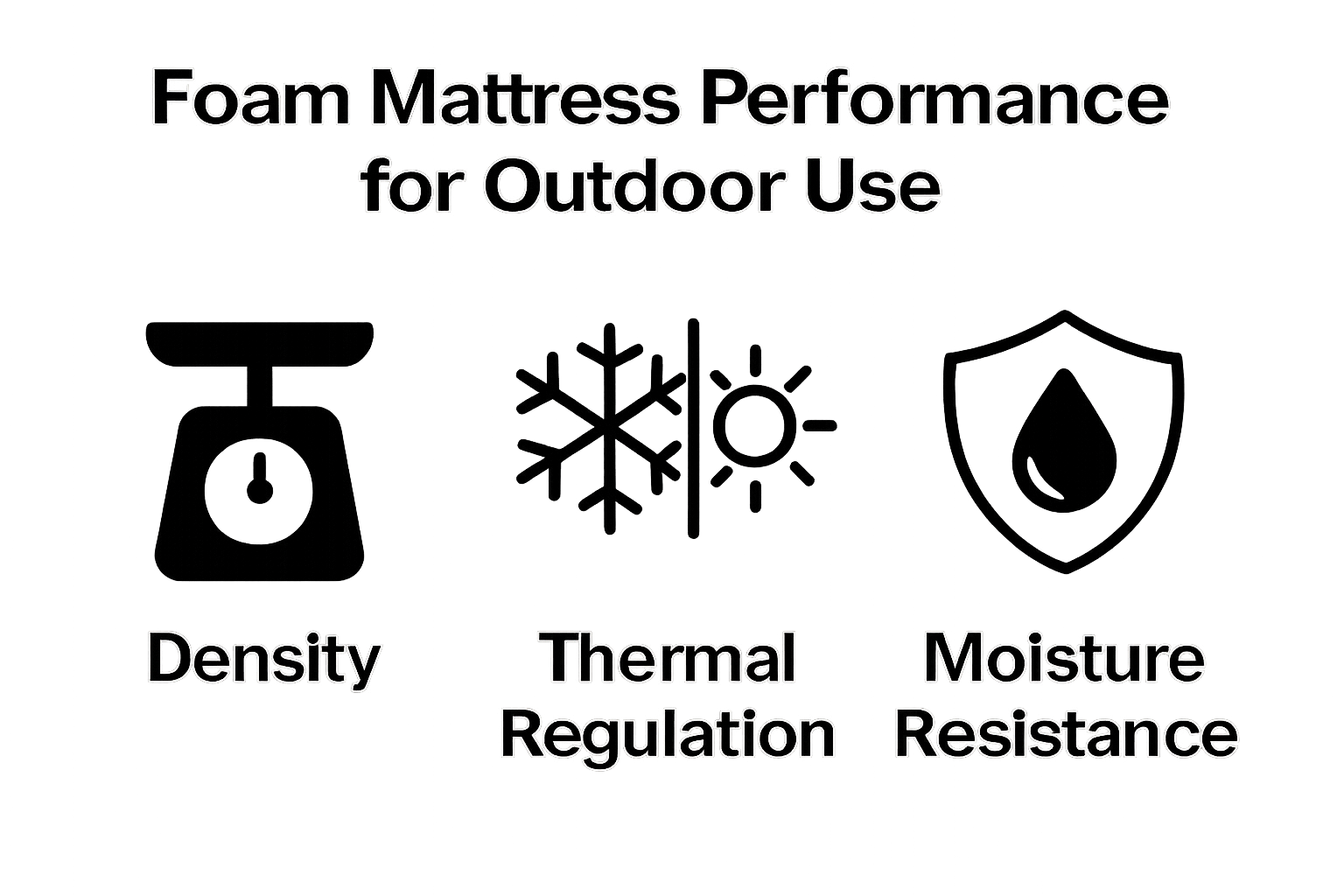Three icons comparing foam mattress density, thermal regulation, and moisture resistance