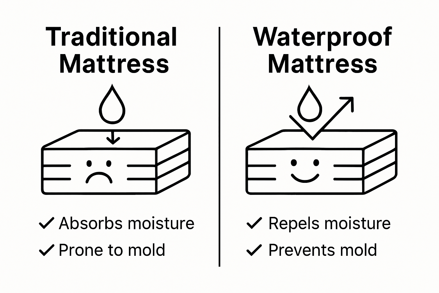 Traditional vs waterproof mattress moisture comparison graphic