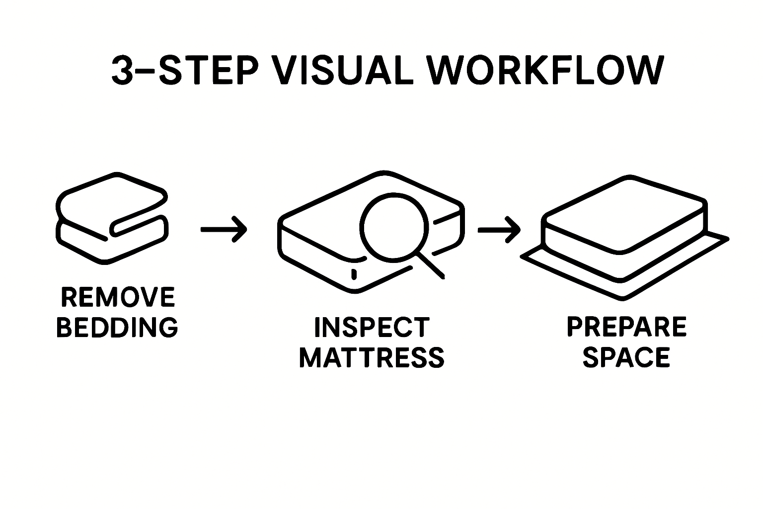 Infographic showing remove bedding, inspect mattress, prepare workspace steps
