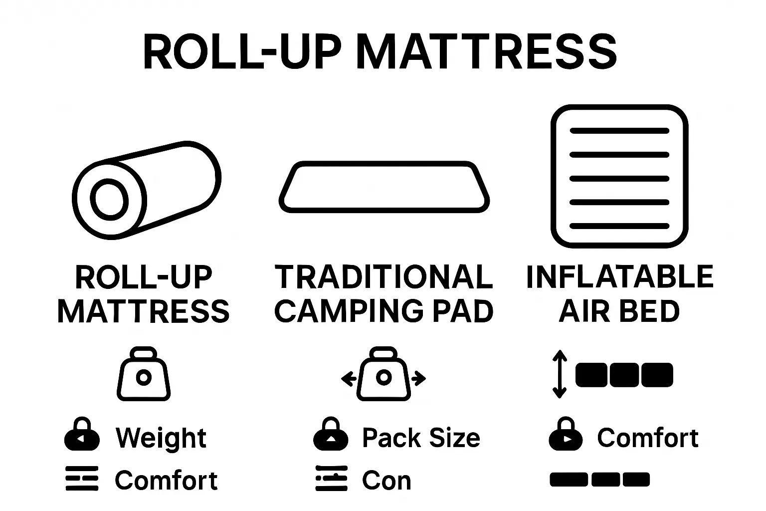 Comparison chart of roll-up mattress, camping pad, and air bed with weight and comfort ratings