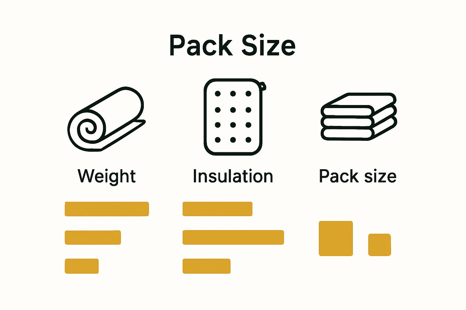 Visual chart comparing sleeping pad, air mattress, and compact mat by weight, insulation, and packability