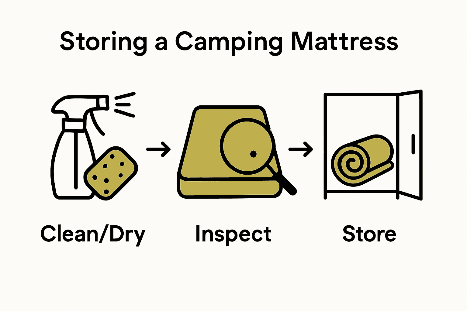Infographic with three steps: clean, inspect, and store camping mattress.