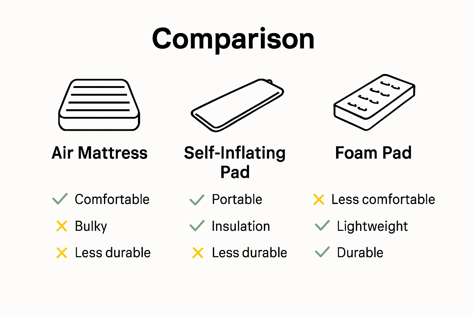 Infographic comparing air, self-inflating, and foam camping mattresses.