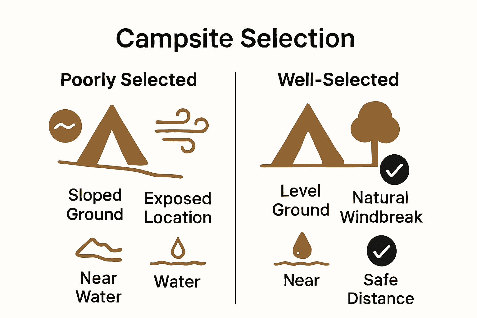 Infographic comparing poor vs. ideal outdoor campsite for sleep