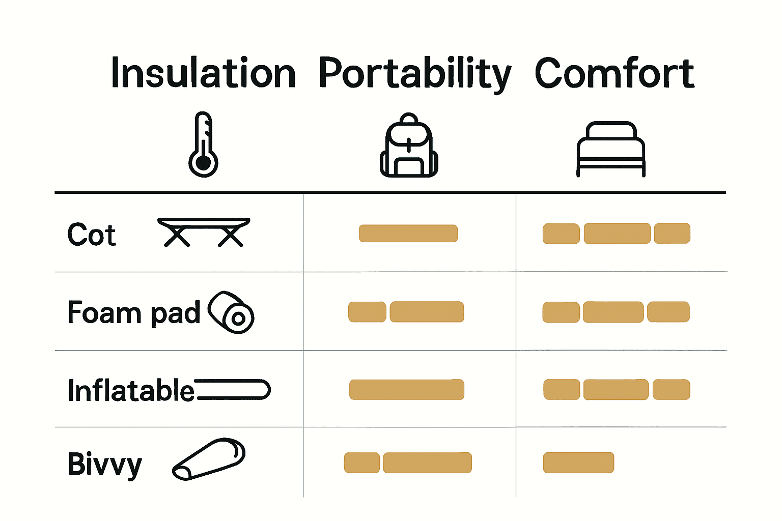 Infographic visually comparing insulation, portability, and comfort of sleeping pad alternatives.