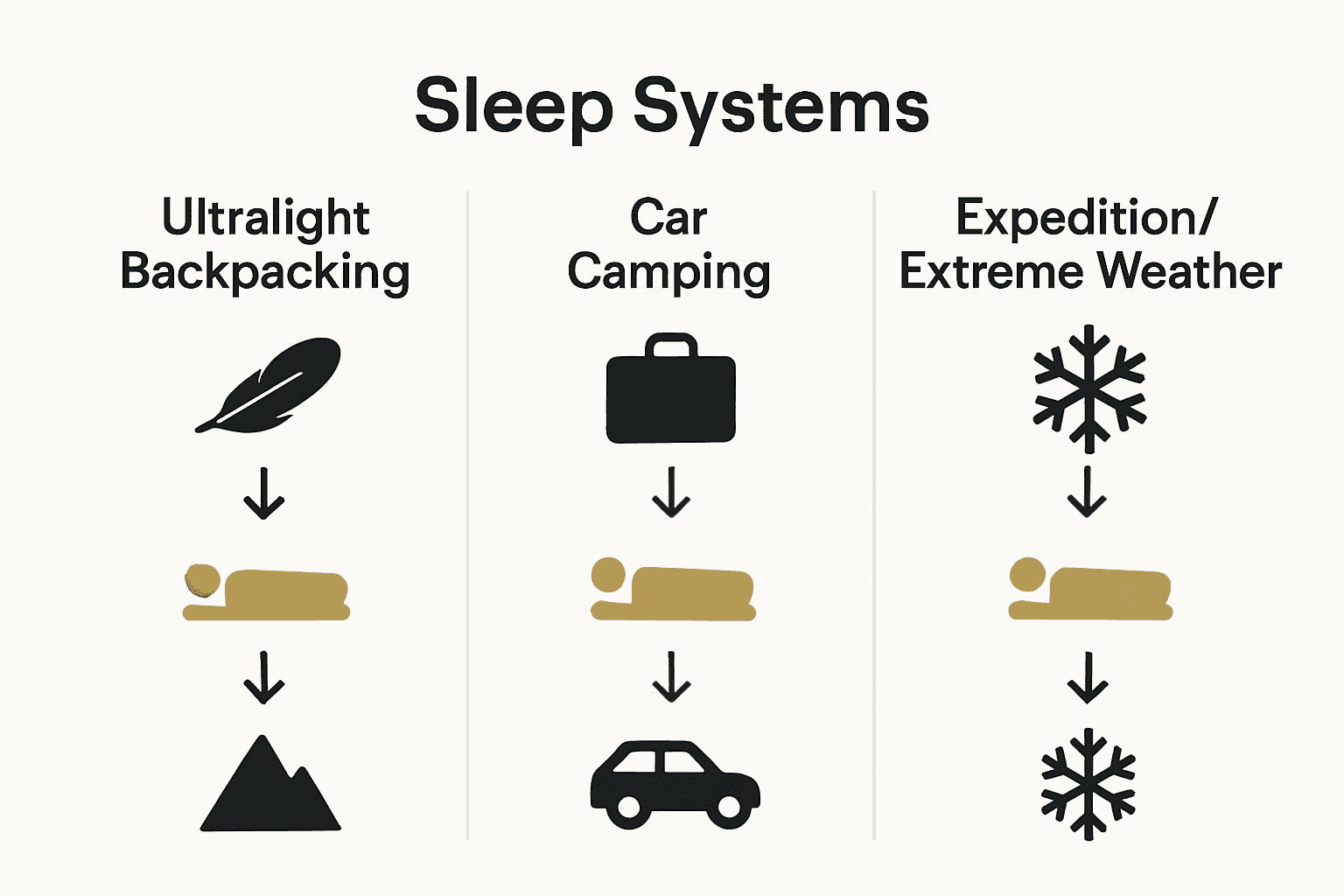 Infographic comparing camping sleep system types by weight, comfort, and best use.