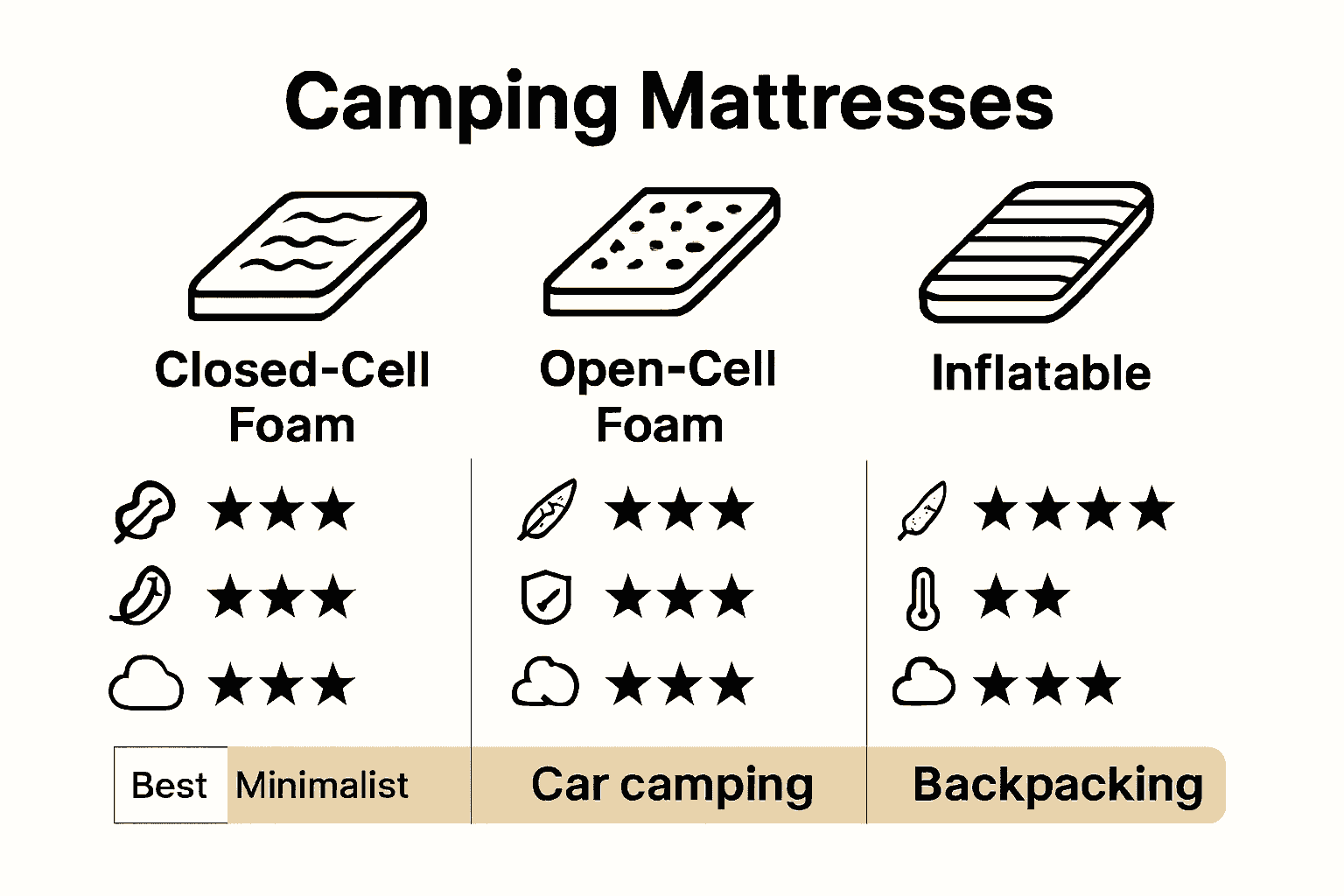 Infographic comparing closed-cell, open-cell, and inflatable camping mattresses features and benefits.