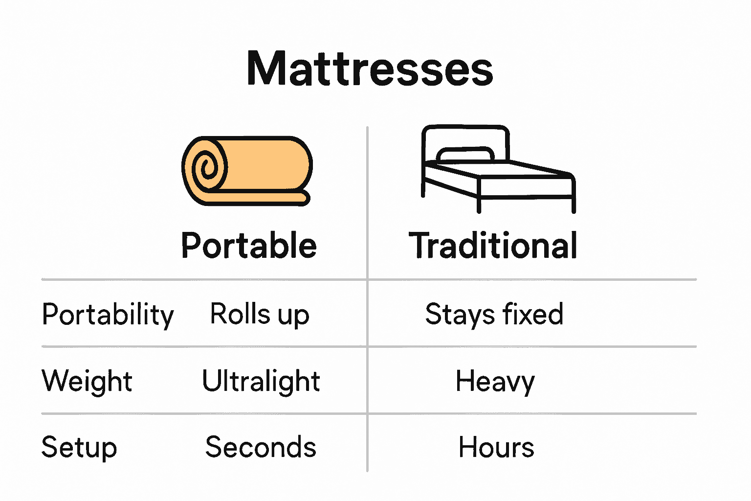 Infographic comparing portable and traditional mattresses on portability, weight, and setup time.