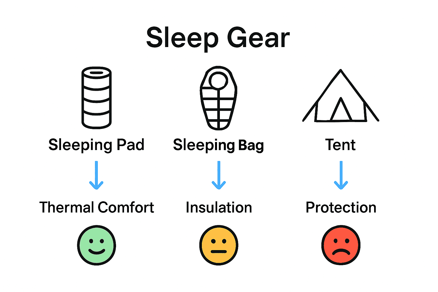 Infographic comparing sleeping pads, bags, and tents for camping sleep quality.