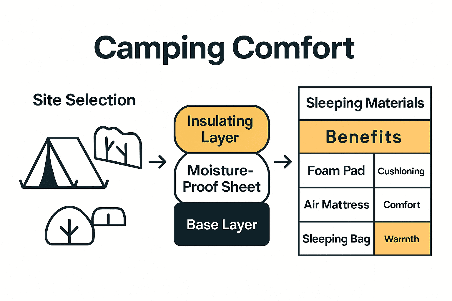 Infographic showing site selection, sleep layering, and material benefits for camping.