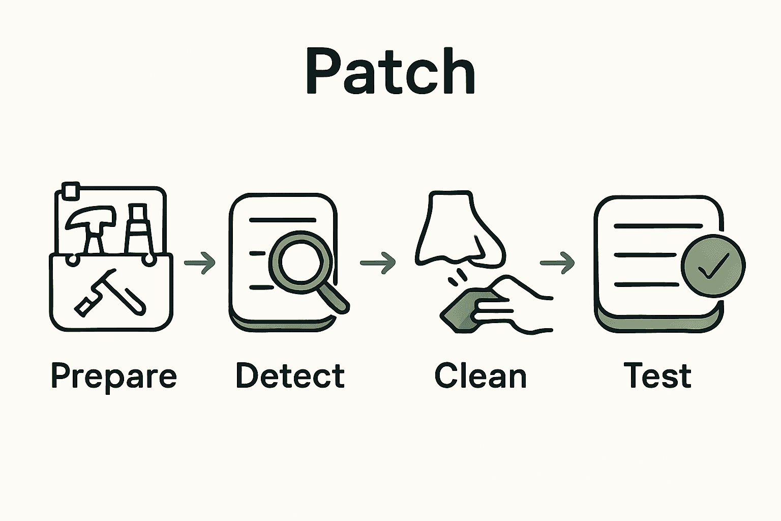 Infographic showing five-step camp mattress repair process with icons and arrows.