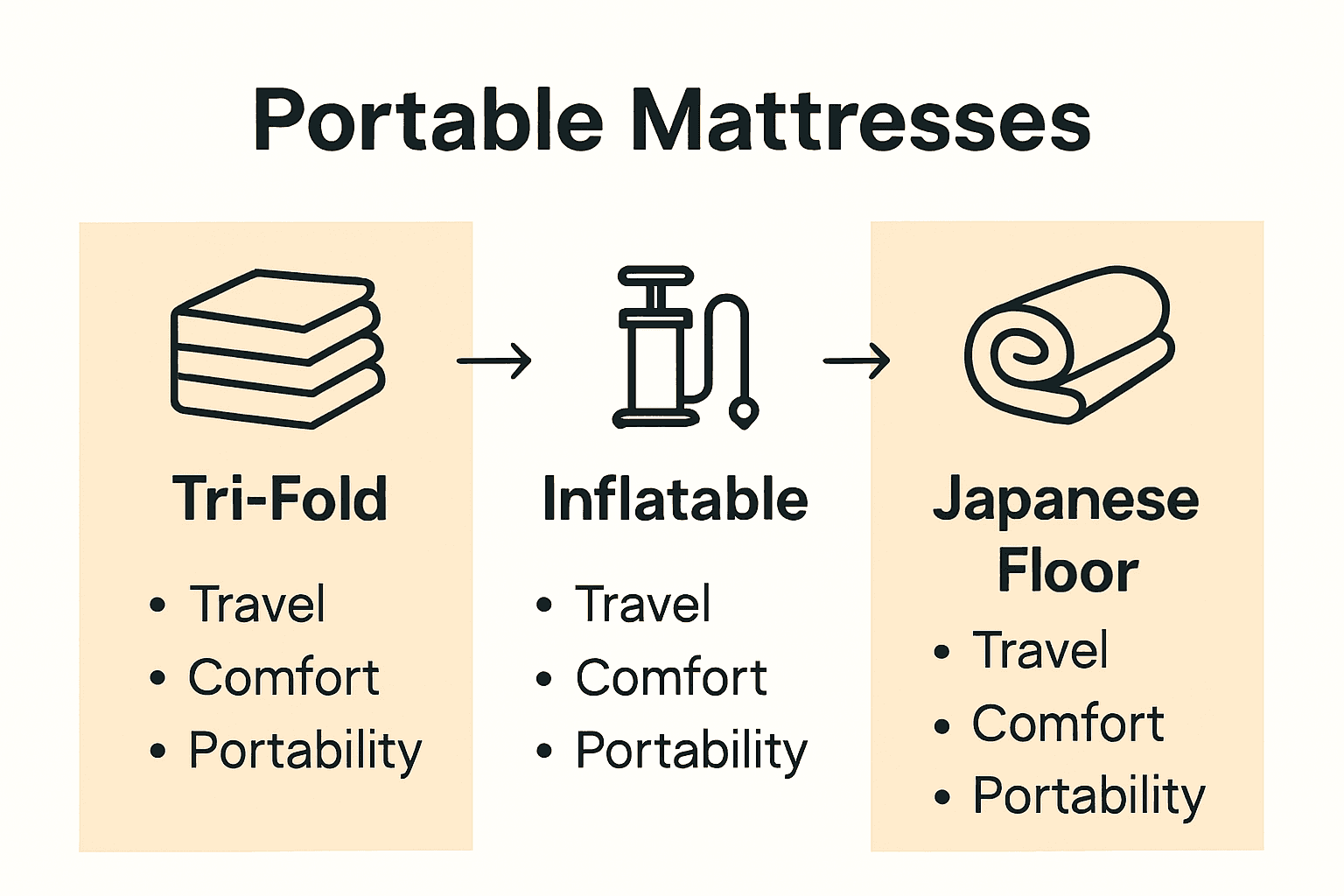 Infographic comparing tri-fold, inflatable, and Japanese floor mattresses.
