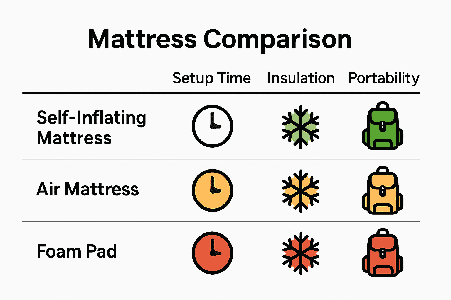 Infographic comparing self-inflating, air, and foam mattresses on setup, insulation, portability.