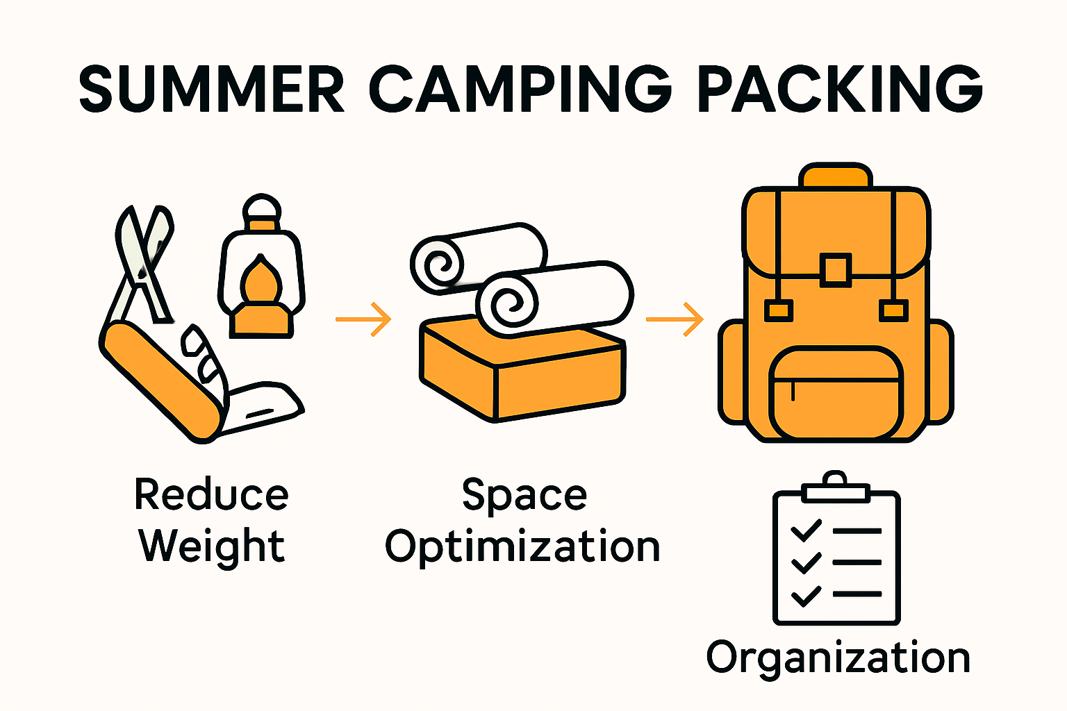 Infographic showing key summer camping packing strategies with icons and labels.