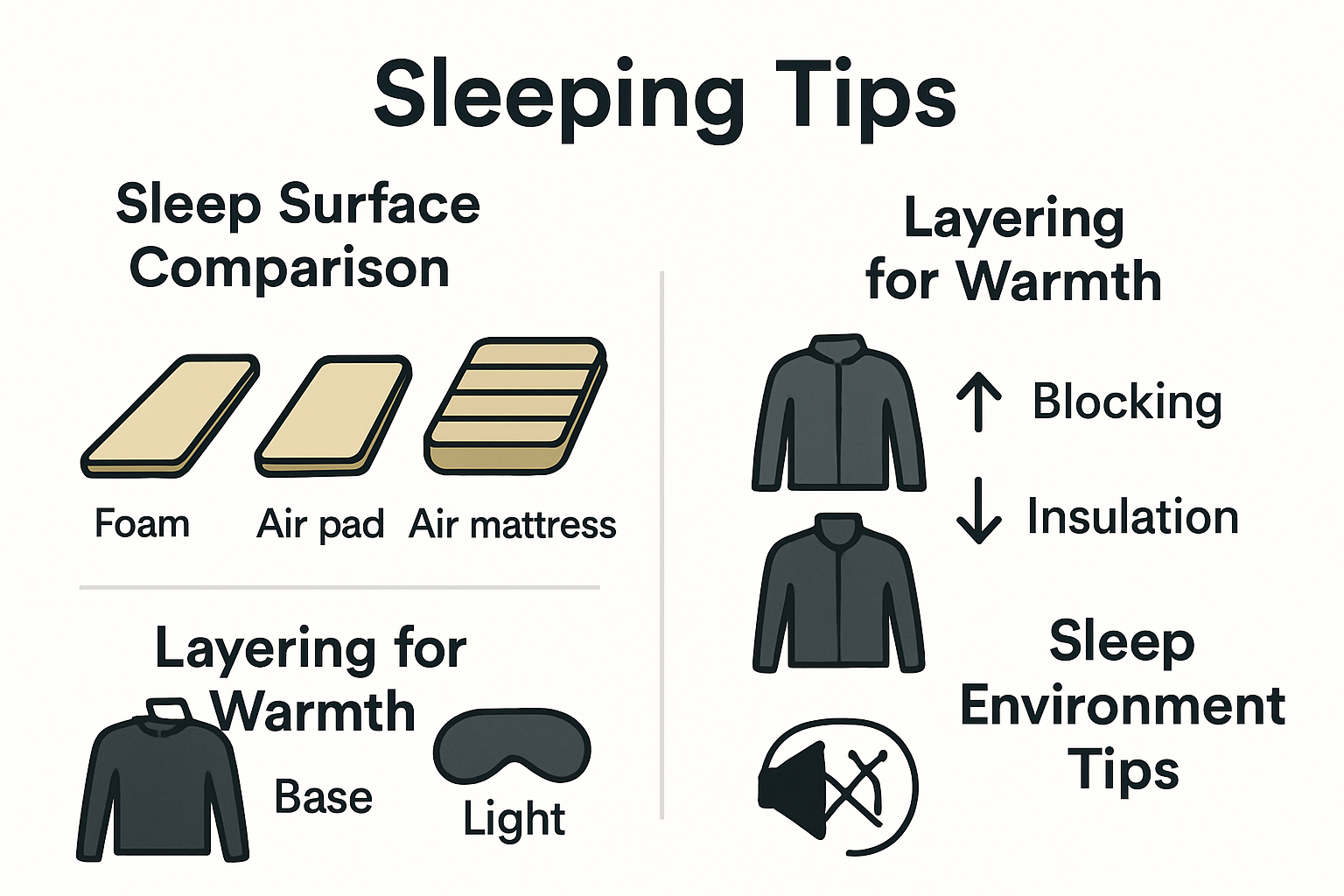 Infographic comparing sleep surfaces, layers, and comfort accessories for camping