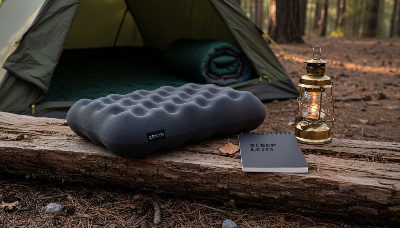 Foam camping pillow on log by tent at night