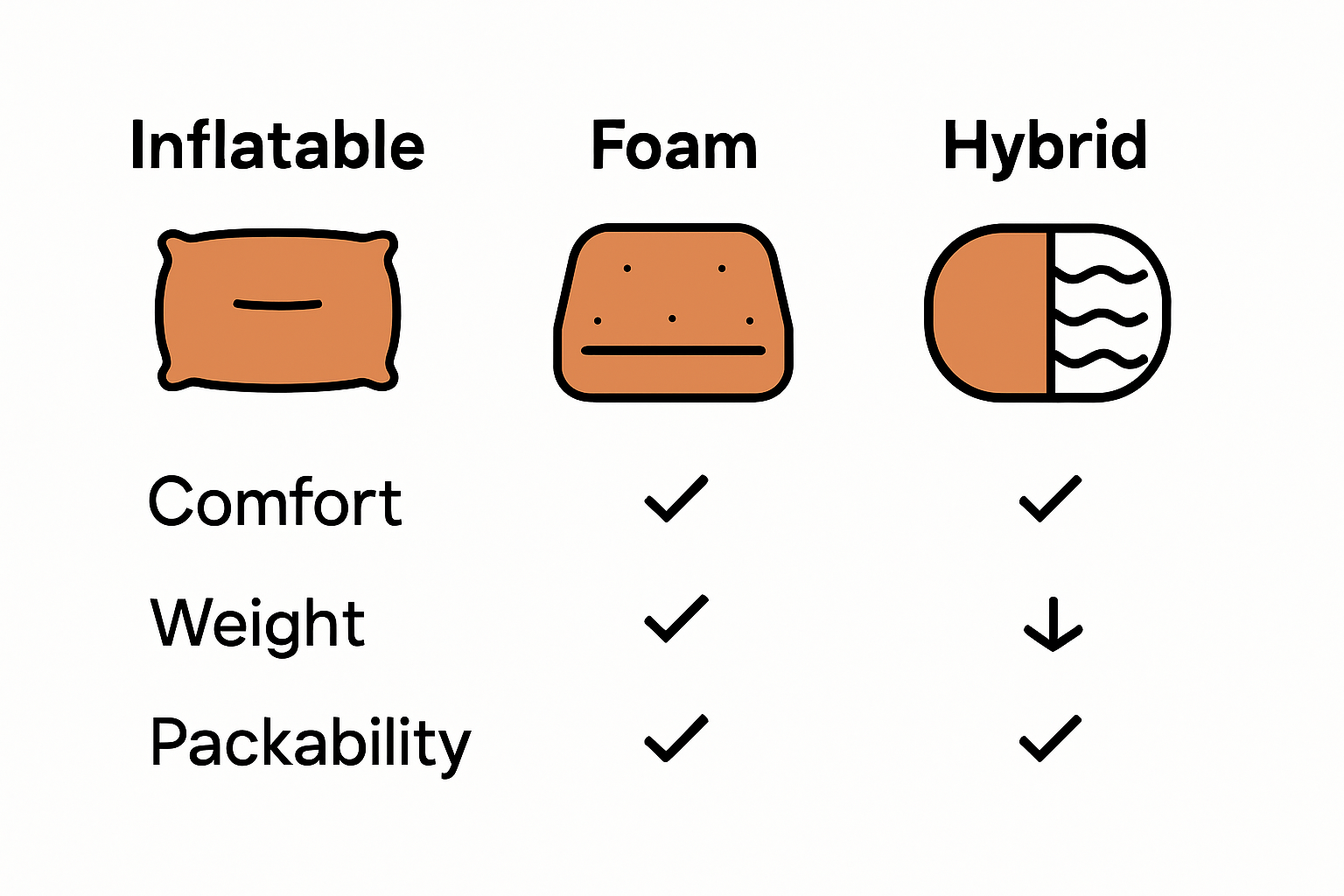 Infographic comparing inflatable, foam, hybrid camping pillows