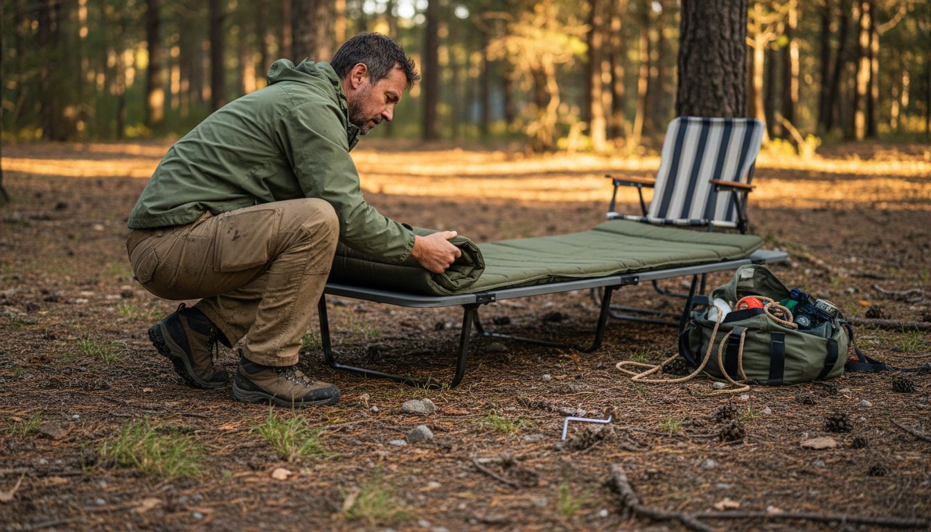 Camper preparing outdoor mattress at camp