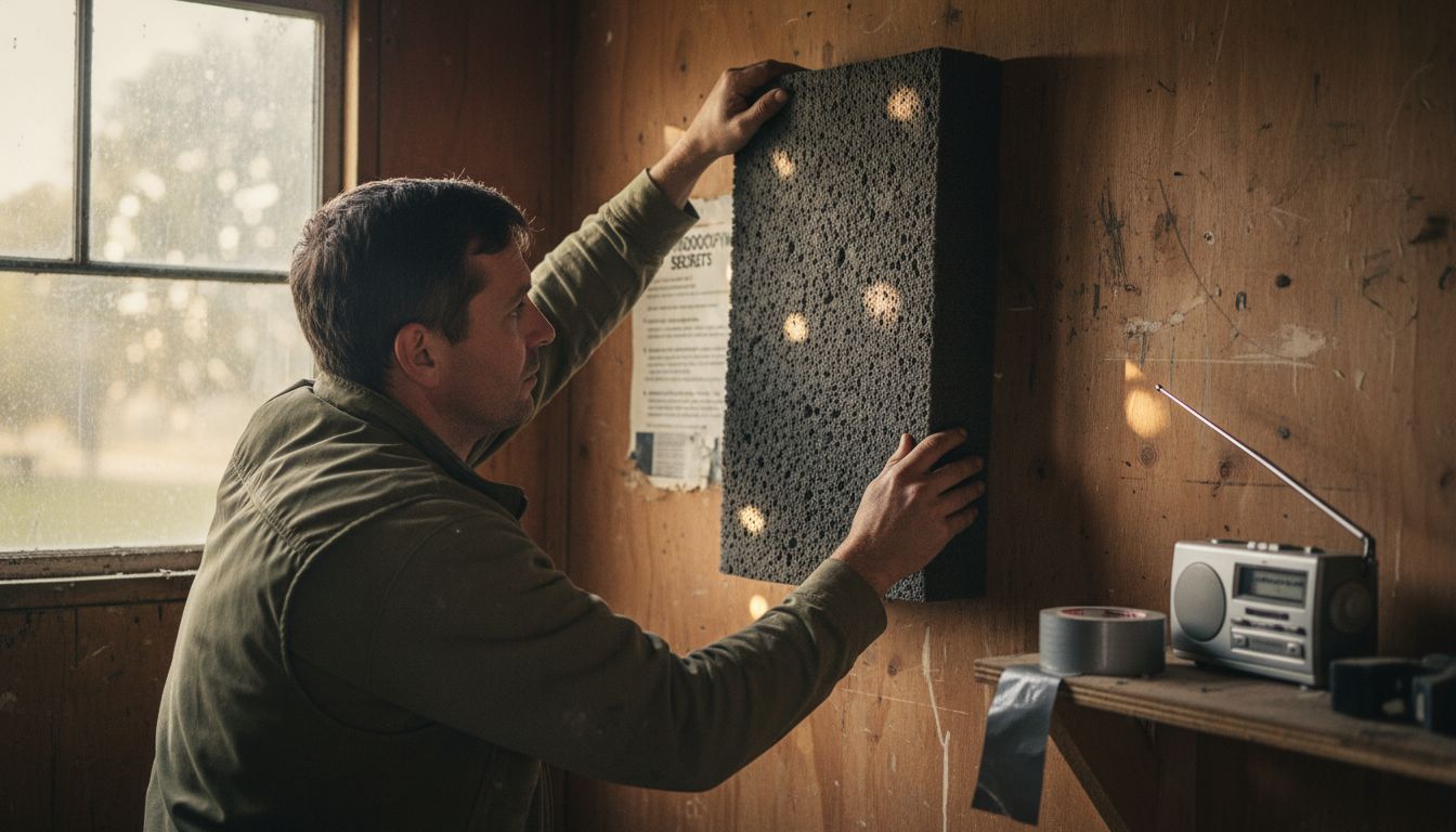 Worker installing foam for sound insulation