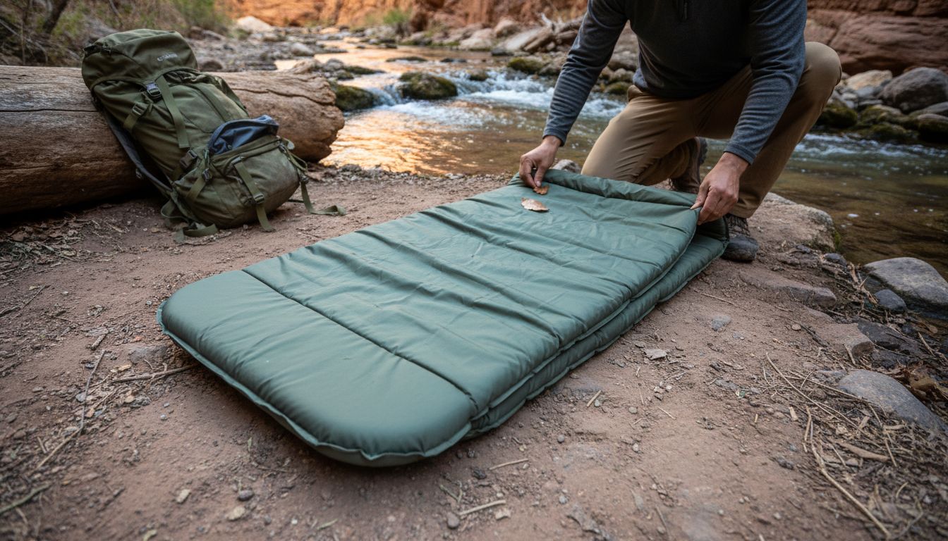 Hybrid camping mattress beside creek