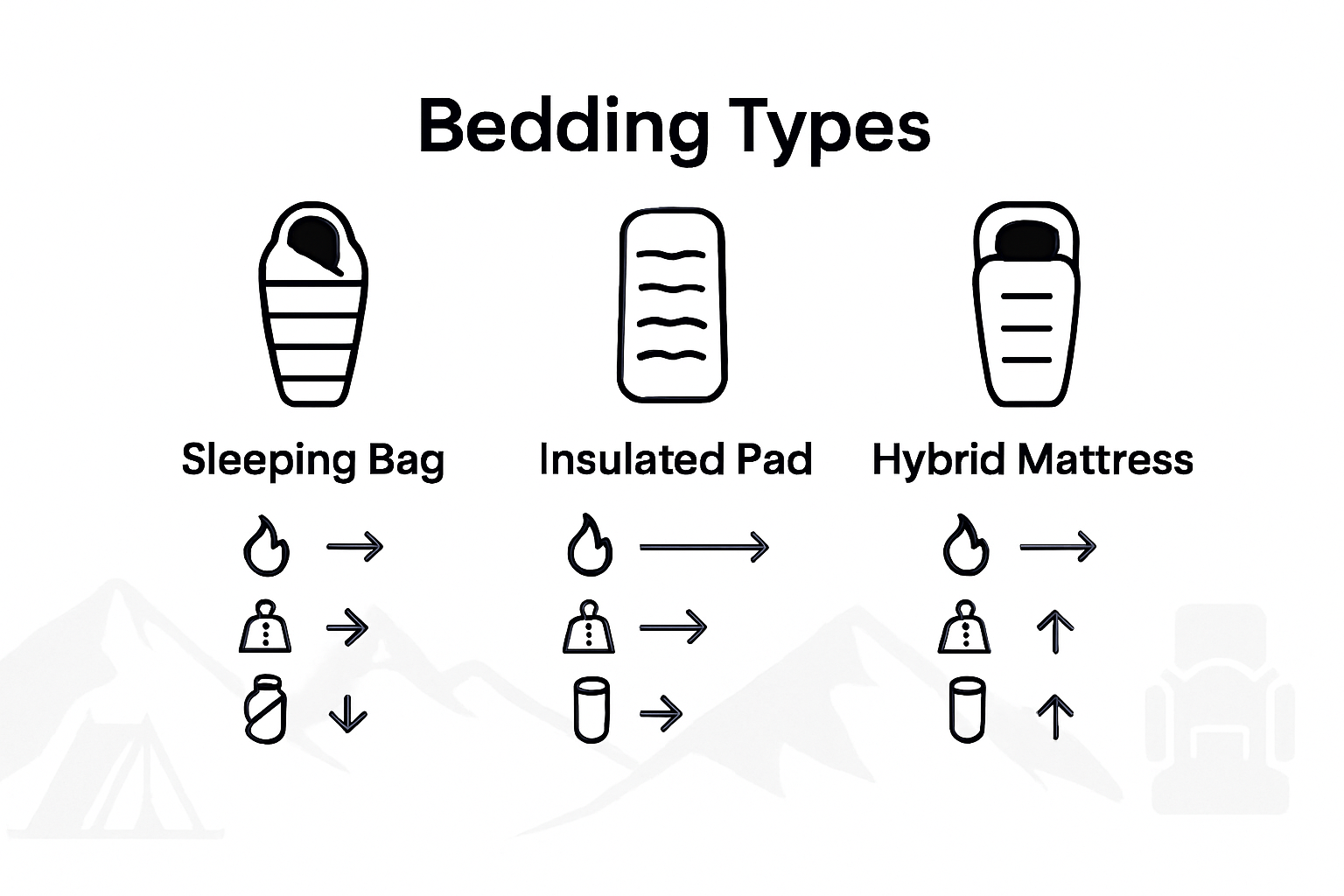 Comparison chart of bedding types insulation portability