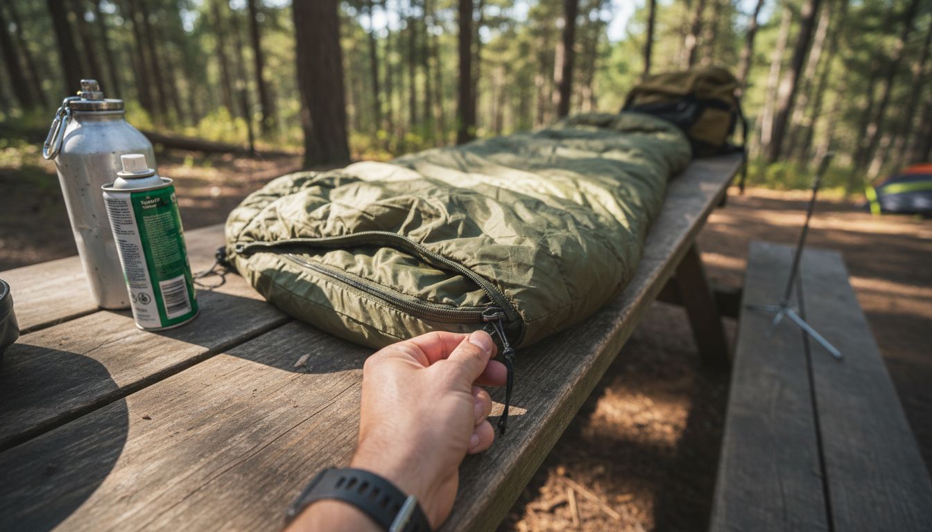 Close-up sleeping bag fabric outdoors
