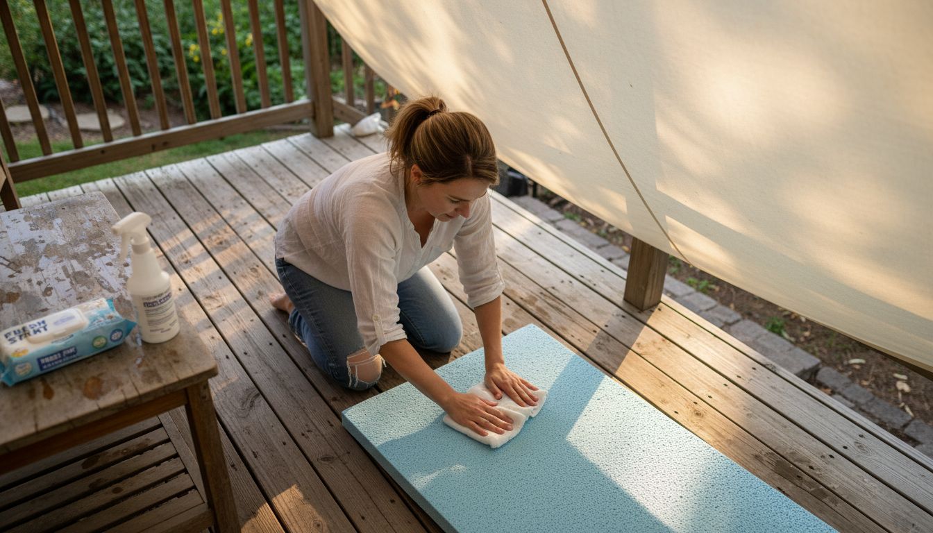 Woman carefully cleans memory foam pad