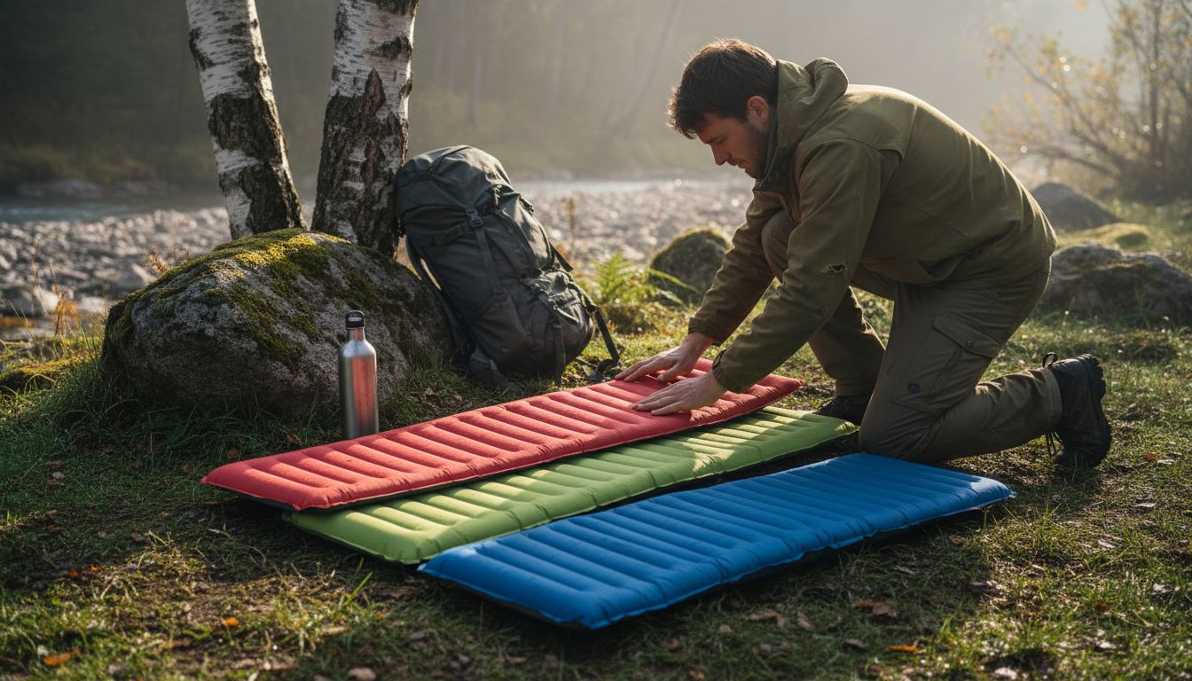 Hiker comparing three types of sleeping pads