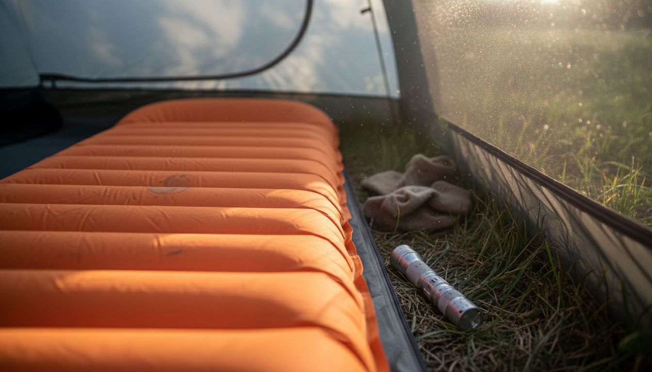 Close-up of air sleeping pad inside tent