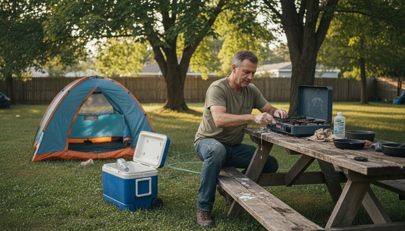 Man cleans camping stove by tent outdoors
