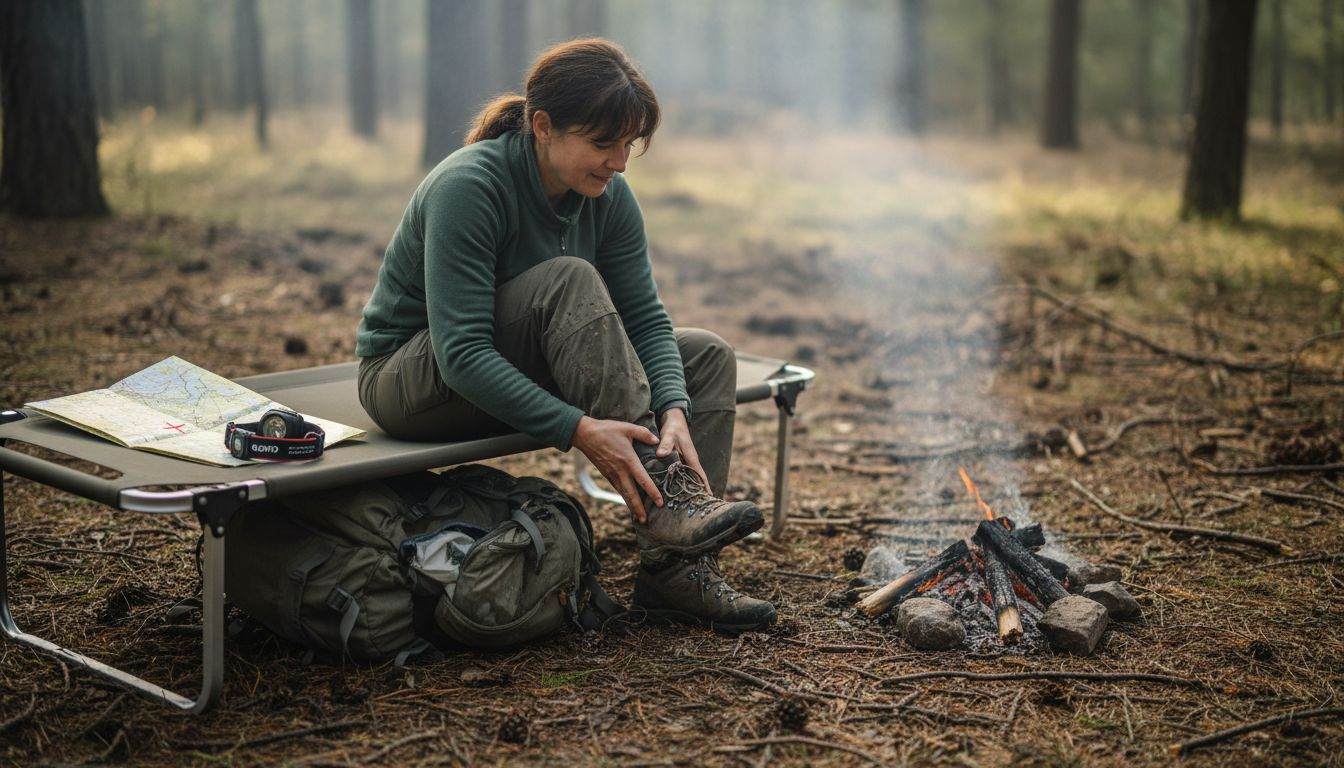 Camper using sturdy elevated camp bed