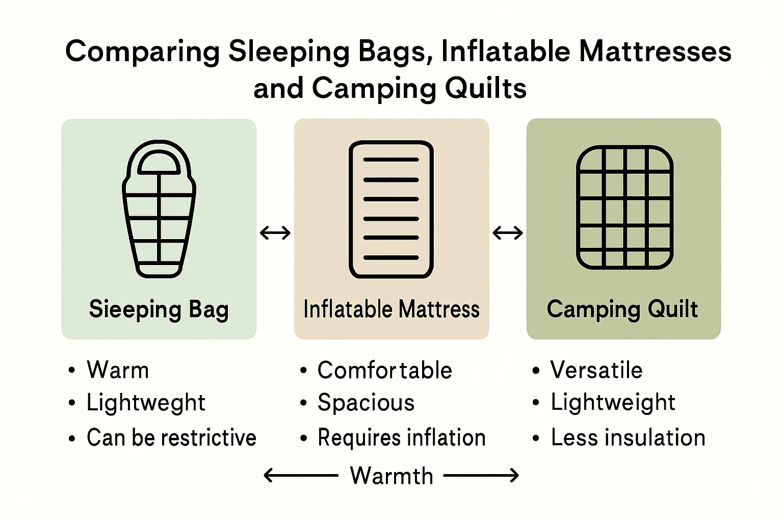 Comparison of sleeping bags, mattresses, and quilts